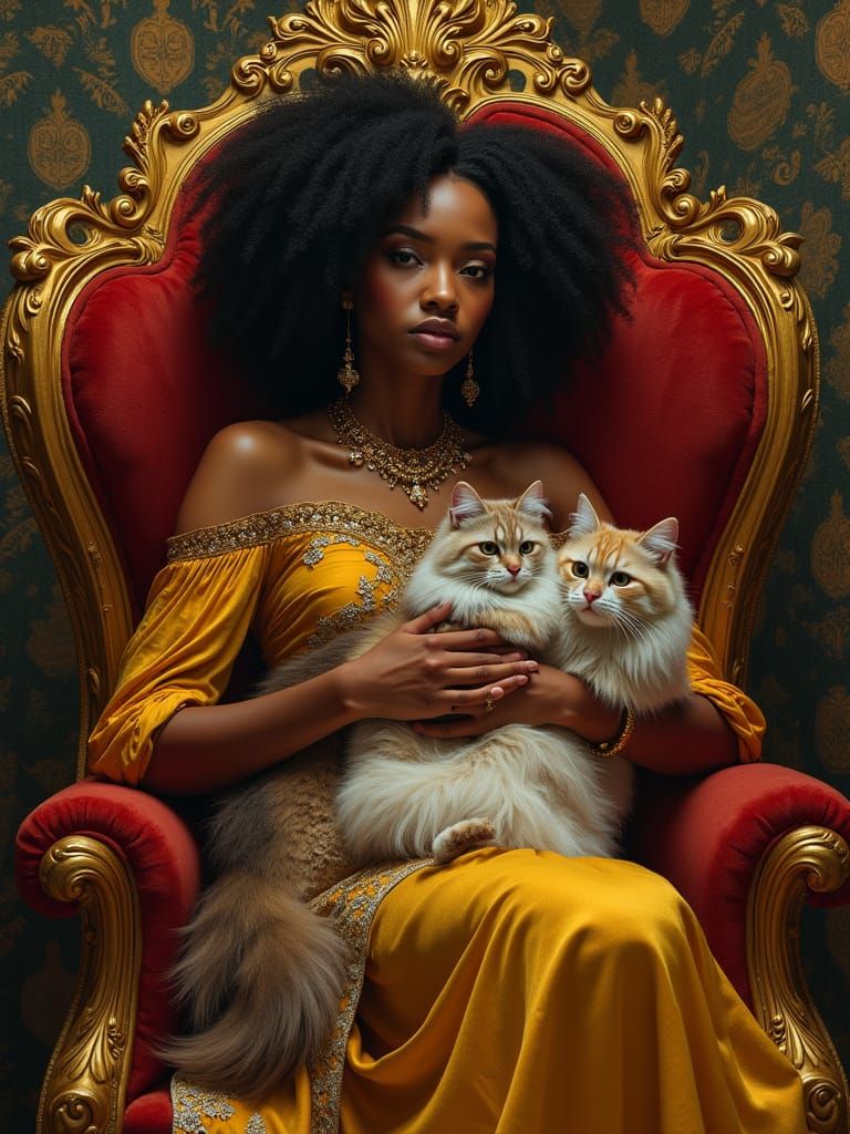 Elegant African American Woman with Regal Cats in Ornate Gol...