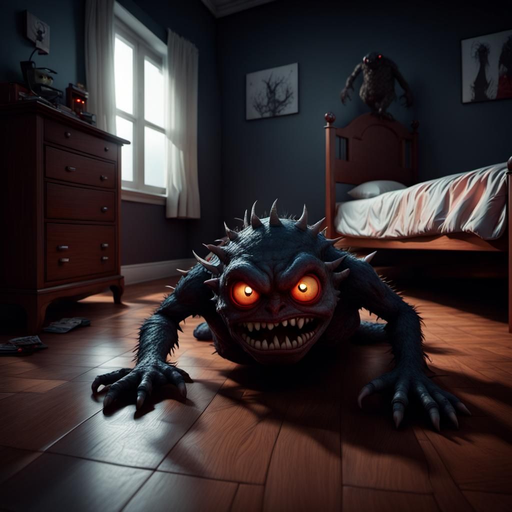 Creepy Monster Crawls From Under Bed: Horror Scene