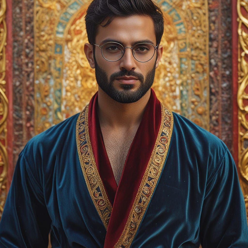 Handsome Bearded Man in Blue Velvet Robe