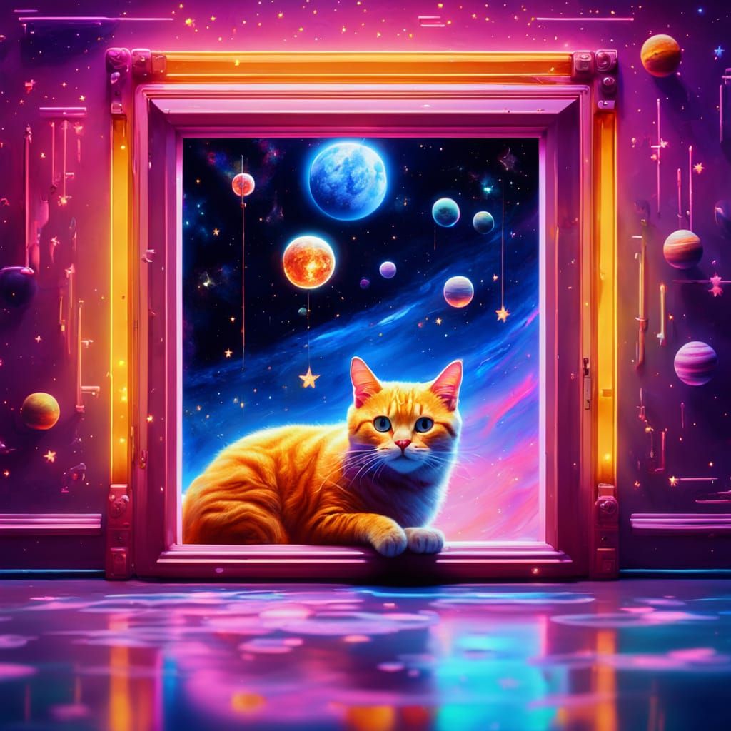 Surreal Cat Door in Deep Space Oil Painting