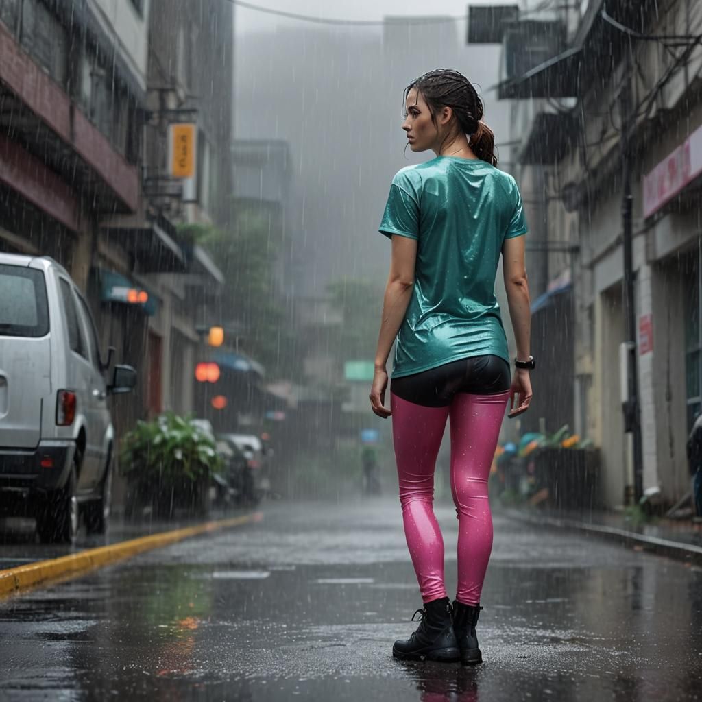 Anime Girl in Rain, Hyper-Realistic Digital Art