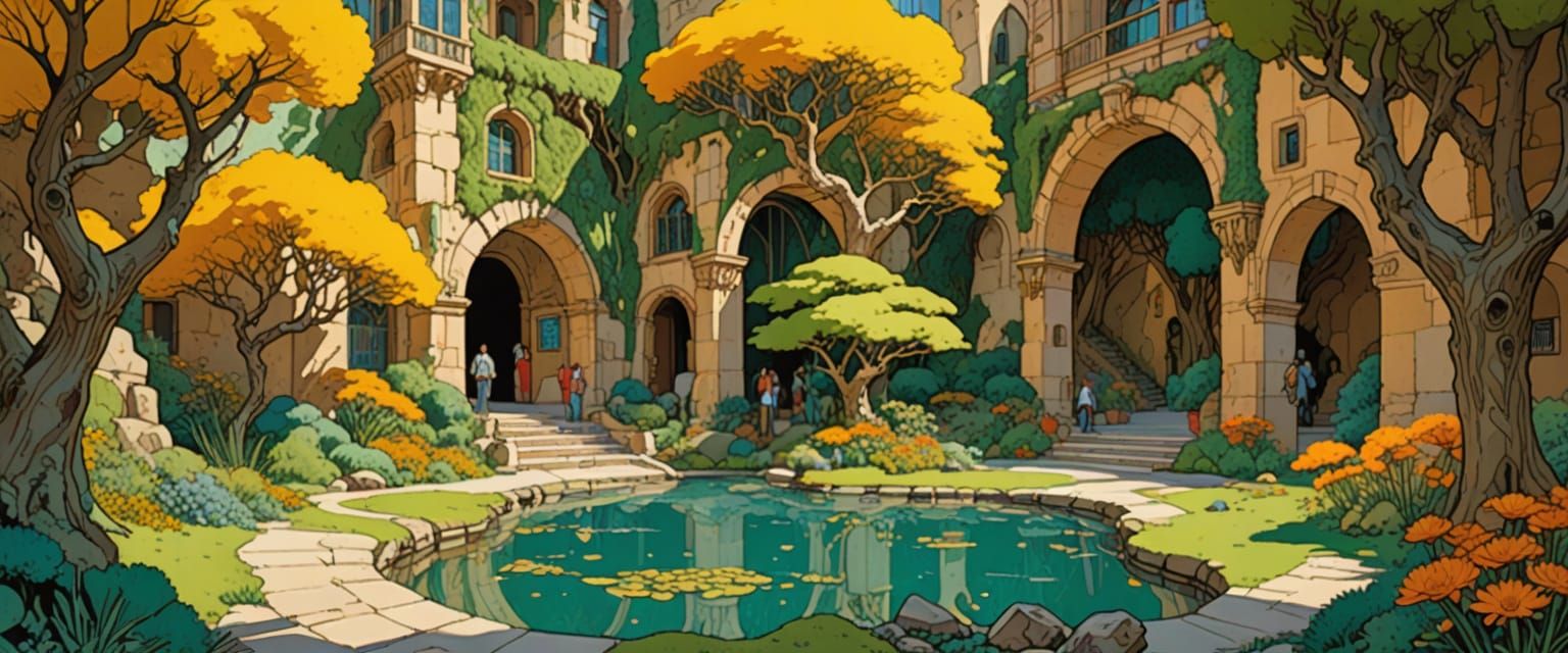 Peaceful Commune with Mossy Arches in Comic Book Style