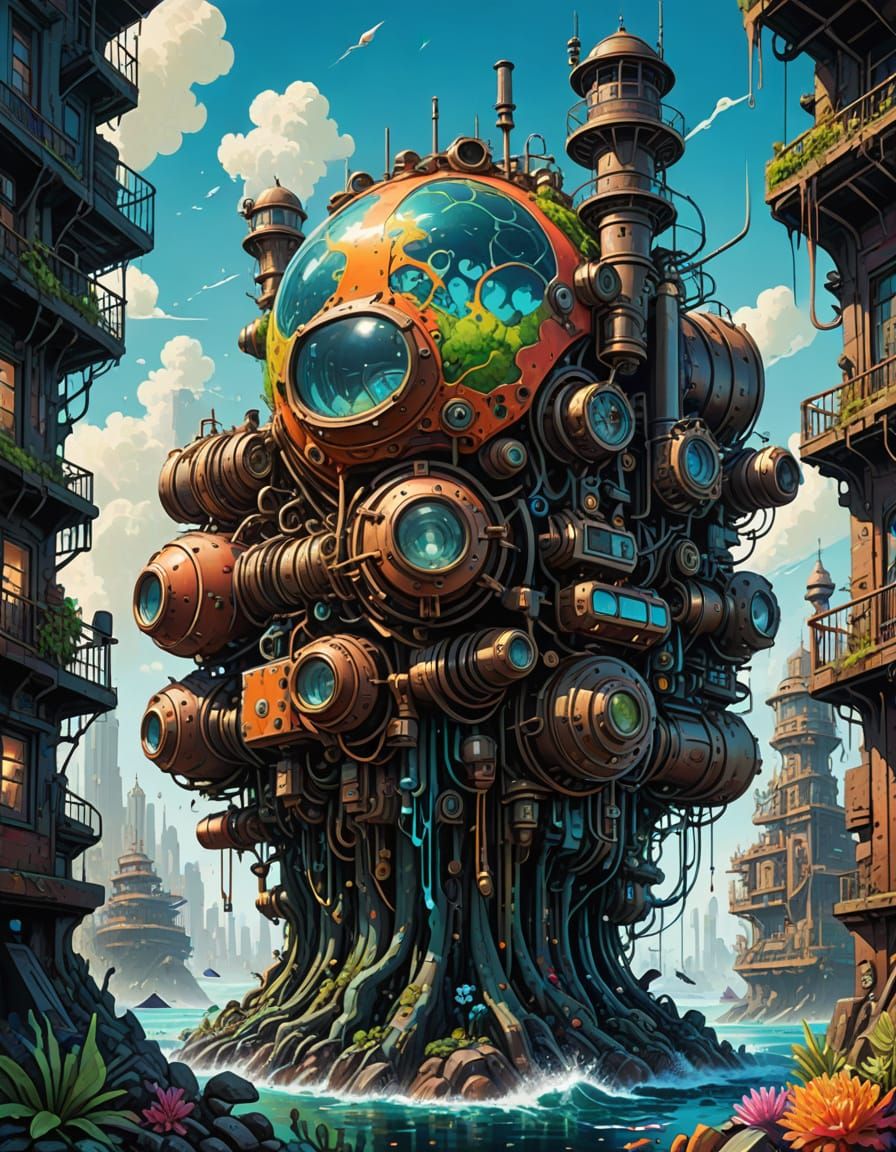 Underwater City in Coral Reef, Bioluminescent Flora and Faun...