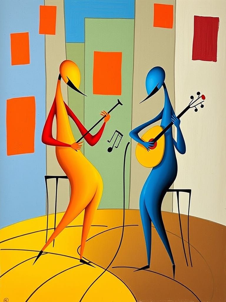 Abstract Figures Perform in Surrealist Landscape
