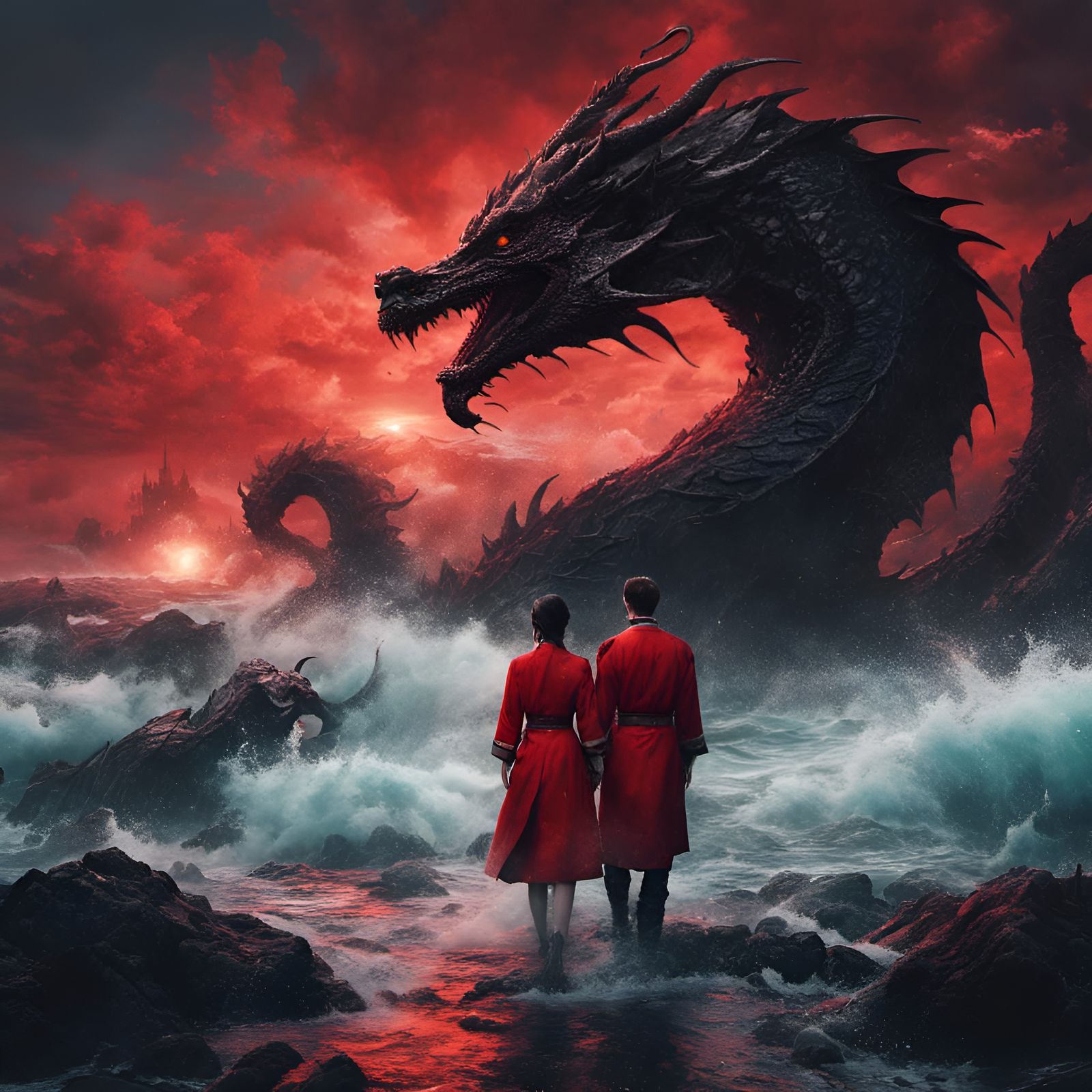 Fantasy Art: Man and Woman in Middle of Sea