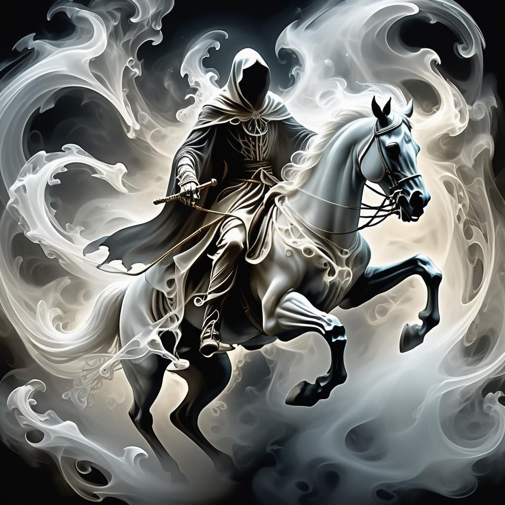 Ethereal Grim Reaper on Skeletal Horse in Abstract Smoke