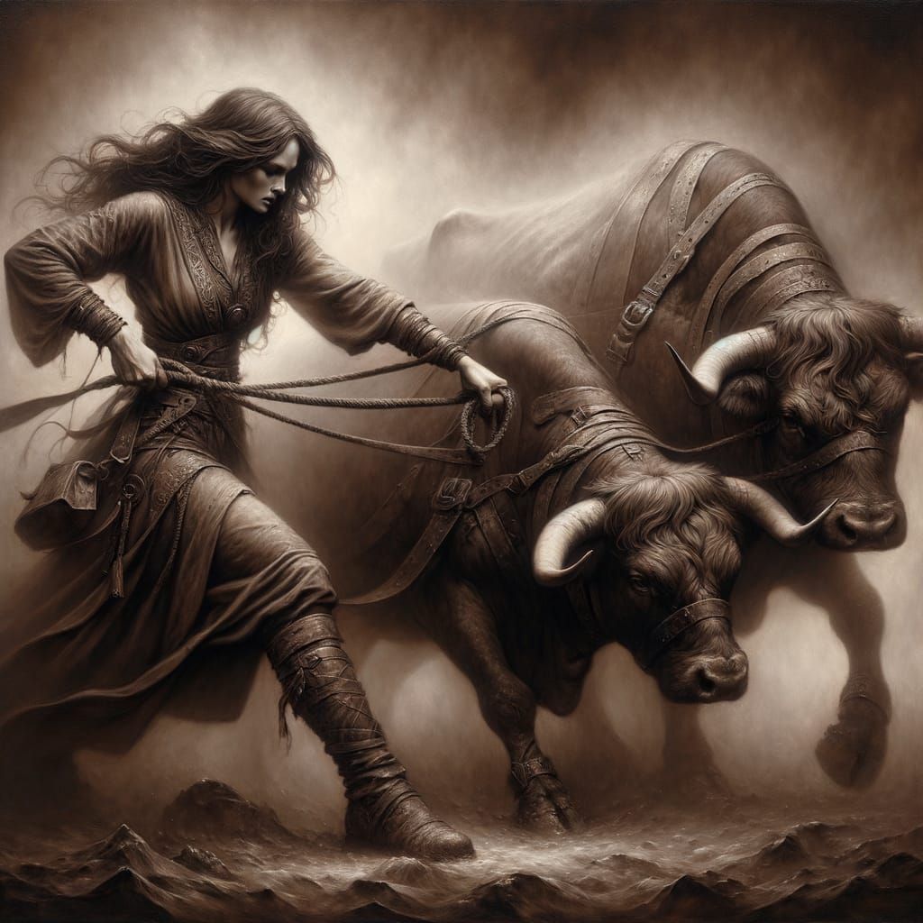 Norse Goddess Tames Oxen in Dramatic Oil Painting