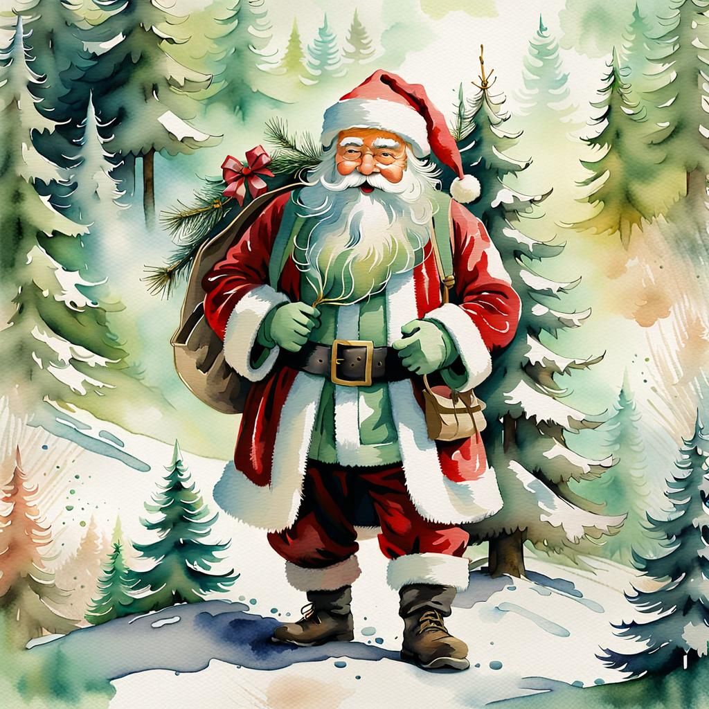 Surreal Watercolor Santa Amidst Serene Pine Forest