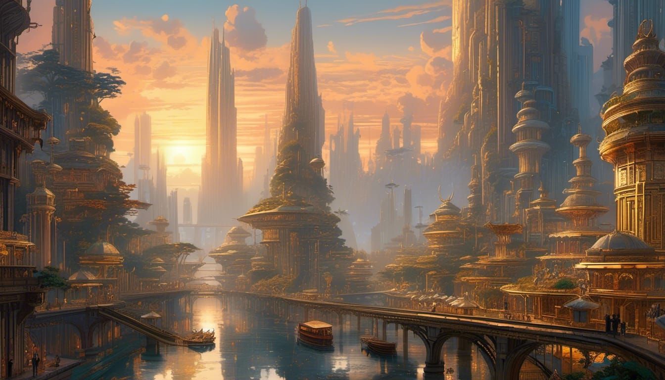 Futuristic City at Golden Hour in Watercolor Style