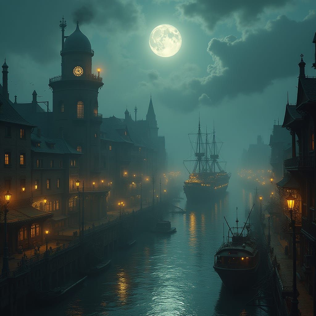 Steampunk City with Clockwork Ships Under Moonlight