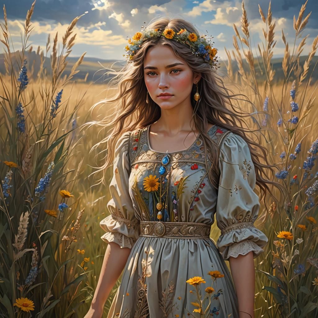 Steppe Girl in Wildflower Dress: Digital Painting