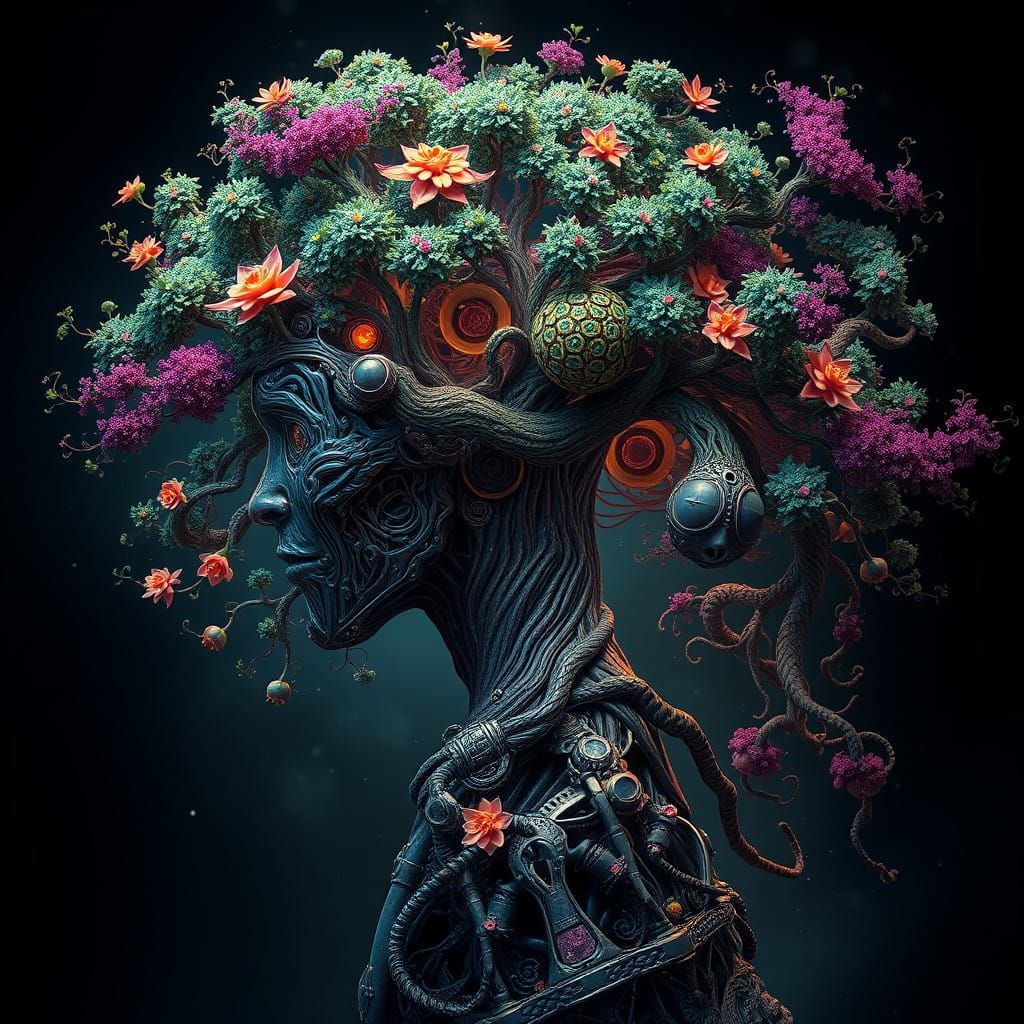 Cyberorganic Tree Being in Vibrant Fantasy World