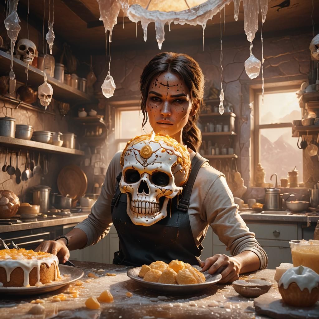 Lara Croft Baking Gruesome Cake, Fantasy Art