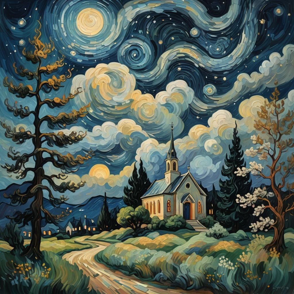 Night Landscape with Church in Post-Impressionist Style