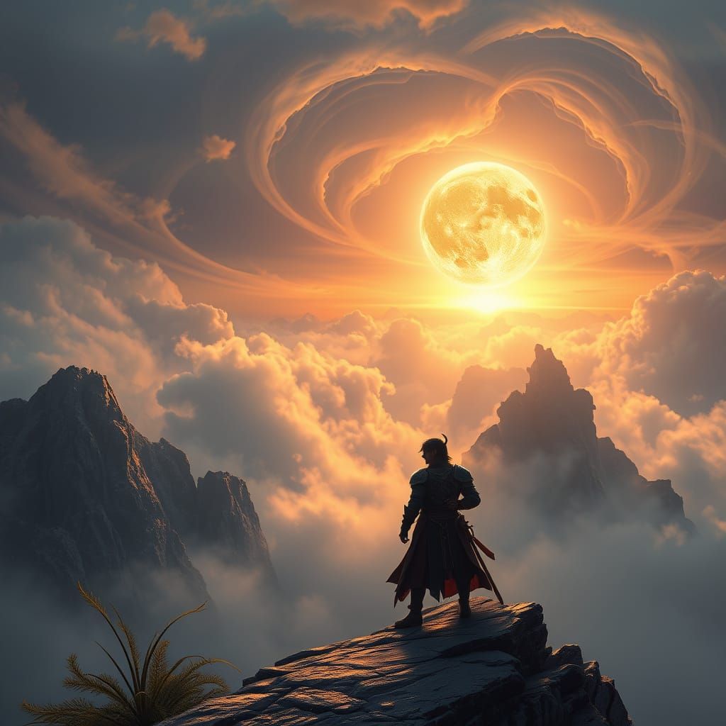 Mystical Warrior Seeks Ethereal Dragon Ball Amidst Sunrise G...