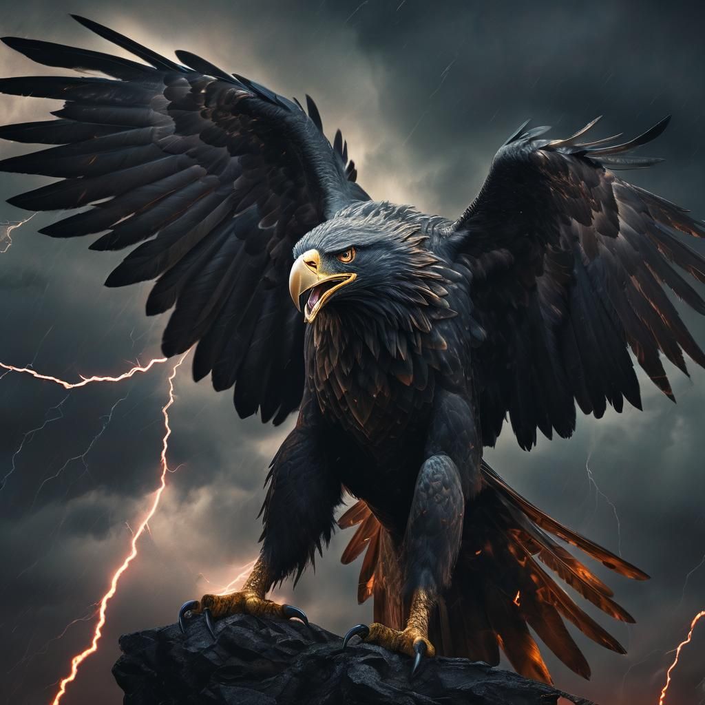 Enraged Black Eagle in Mystical Stormy Sky