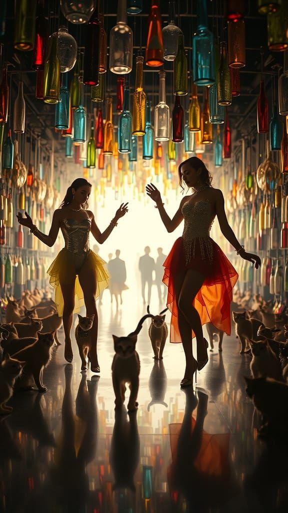 Elegant Girls Dance with Cats in a Futuristic Dreamscape