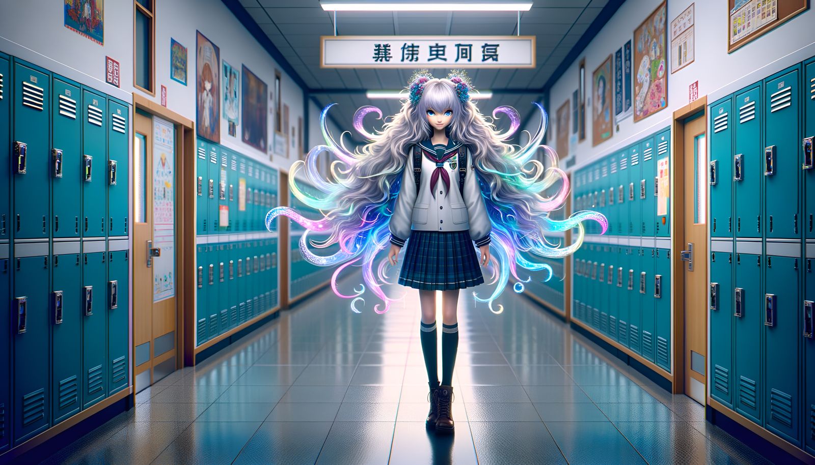 Anime Schoolgirl with Nine Tails in School Corridor
