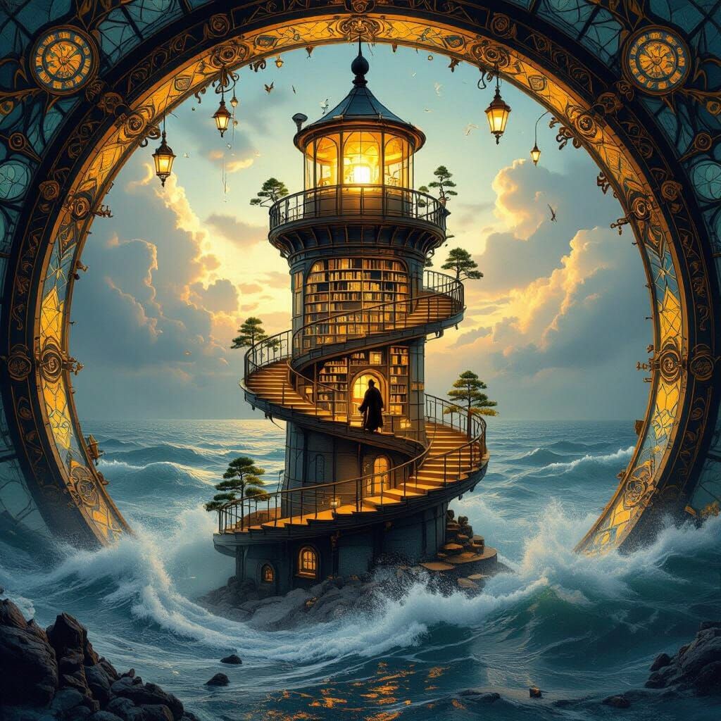 Surreal Lighthouse Library Ascent in Steampunk Art Nouveau S...