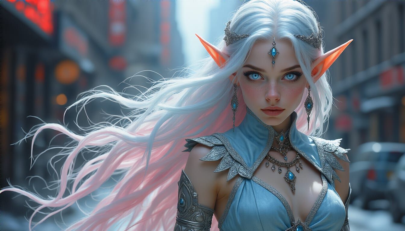 Elf Sorceress Battles Cybernetic Foes in Neo-NYC