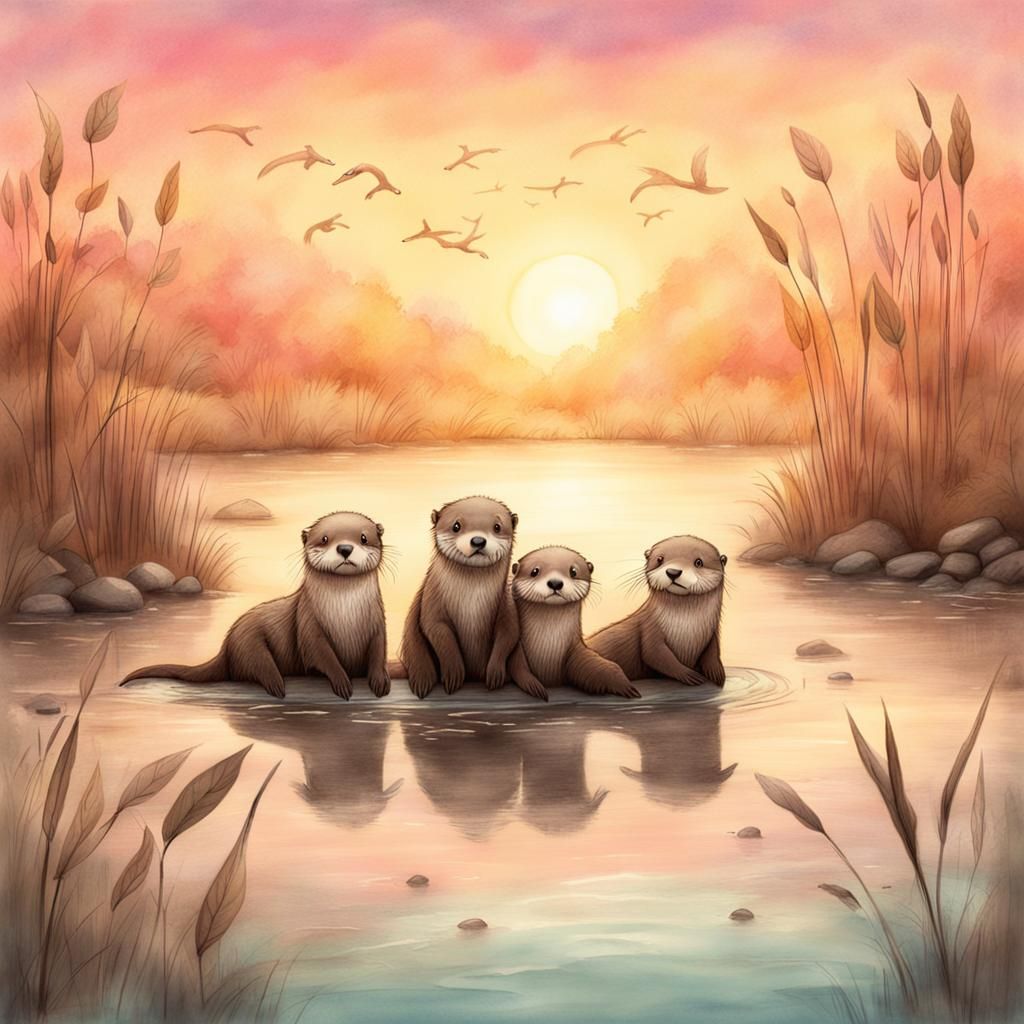 Playful Otters in River at Sunset: Hand-Drawn Animation