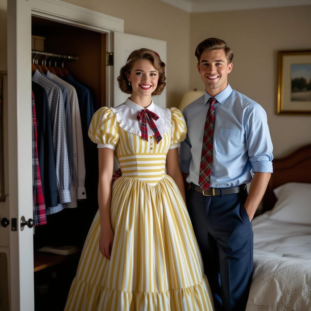 Man Admires Yellow Striped Dress in Cinematic Bedroom Scene