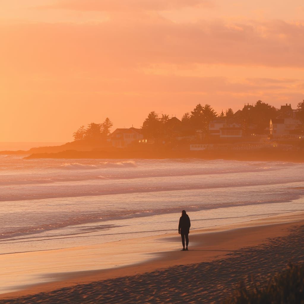 Golden Sunset Over Serene Coastal Town Photograph