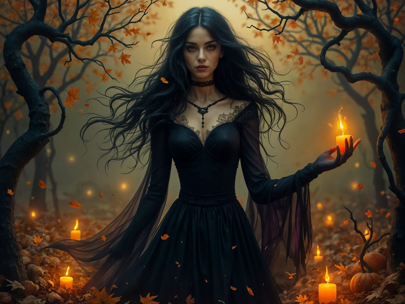 Sultry Witch in Dark Pumpkin Landscapes