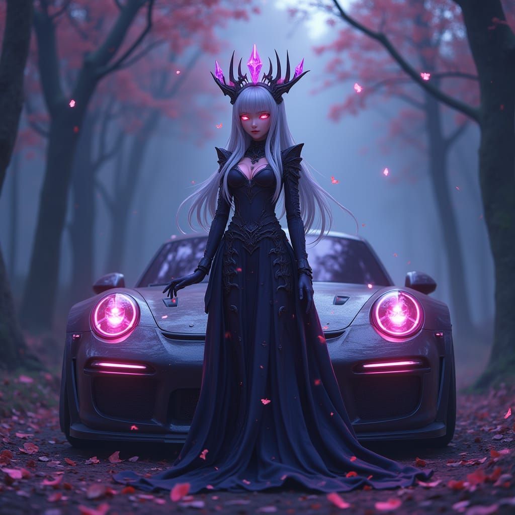 Anime Empress with Modified Porsche in Twilight Forest