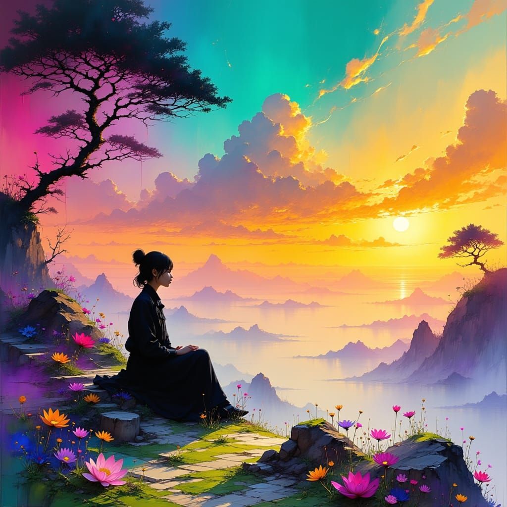 Dreamy Landscape with Serene Woman in Impressionist Style