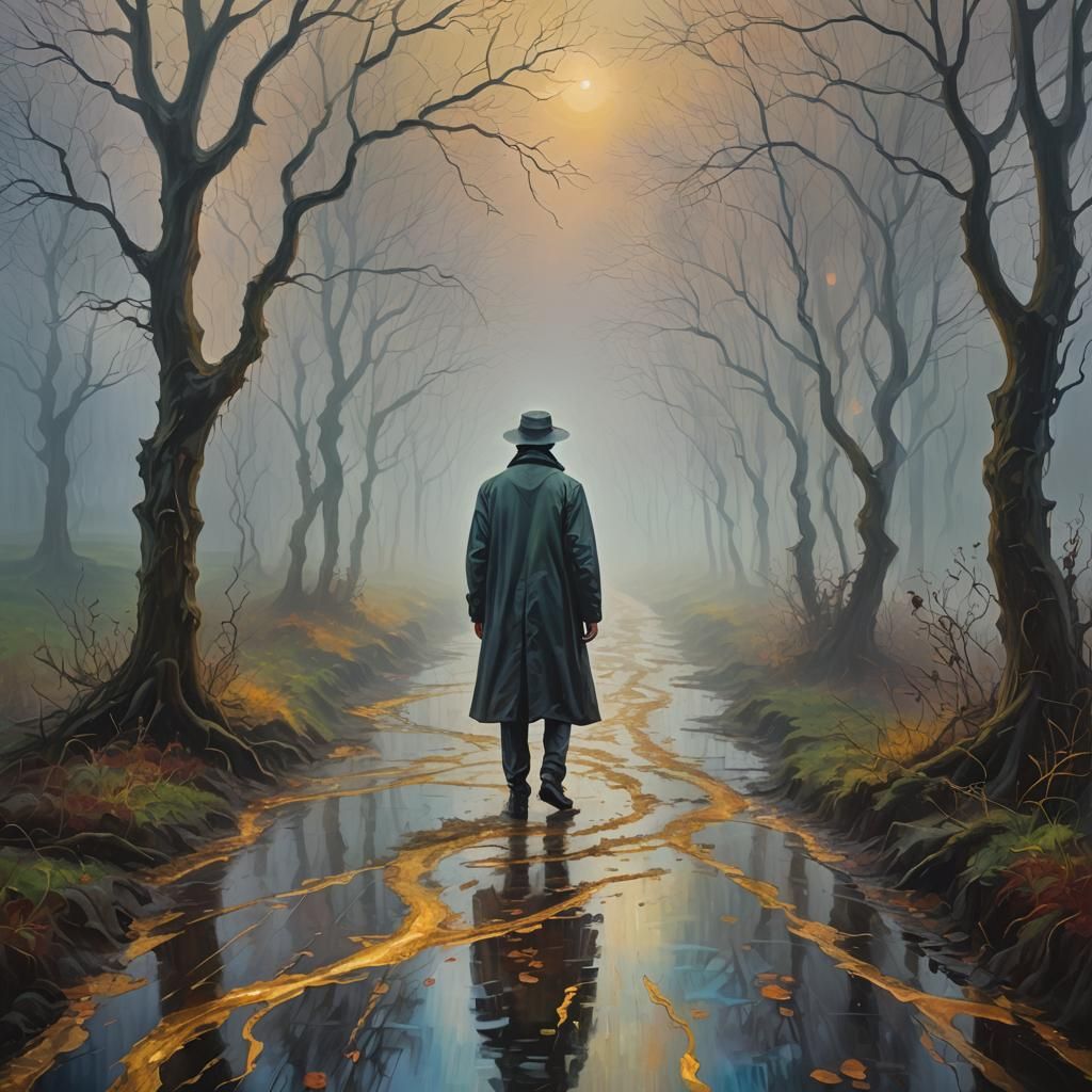 Mysterious Figure on Foggy Path in Fauvist Style