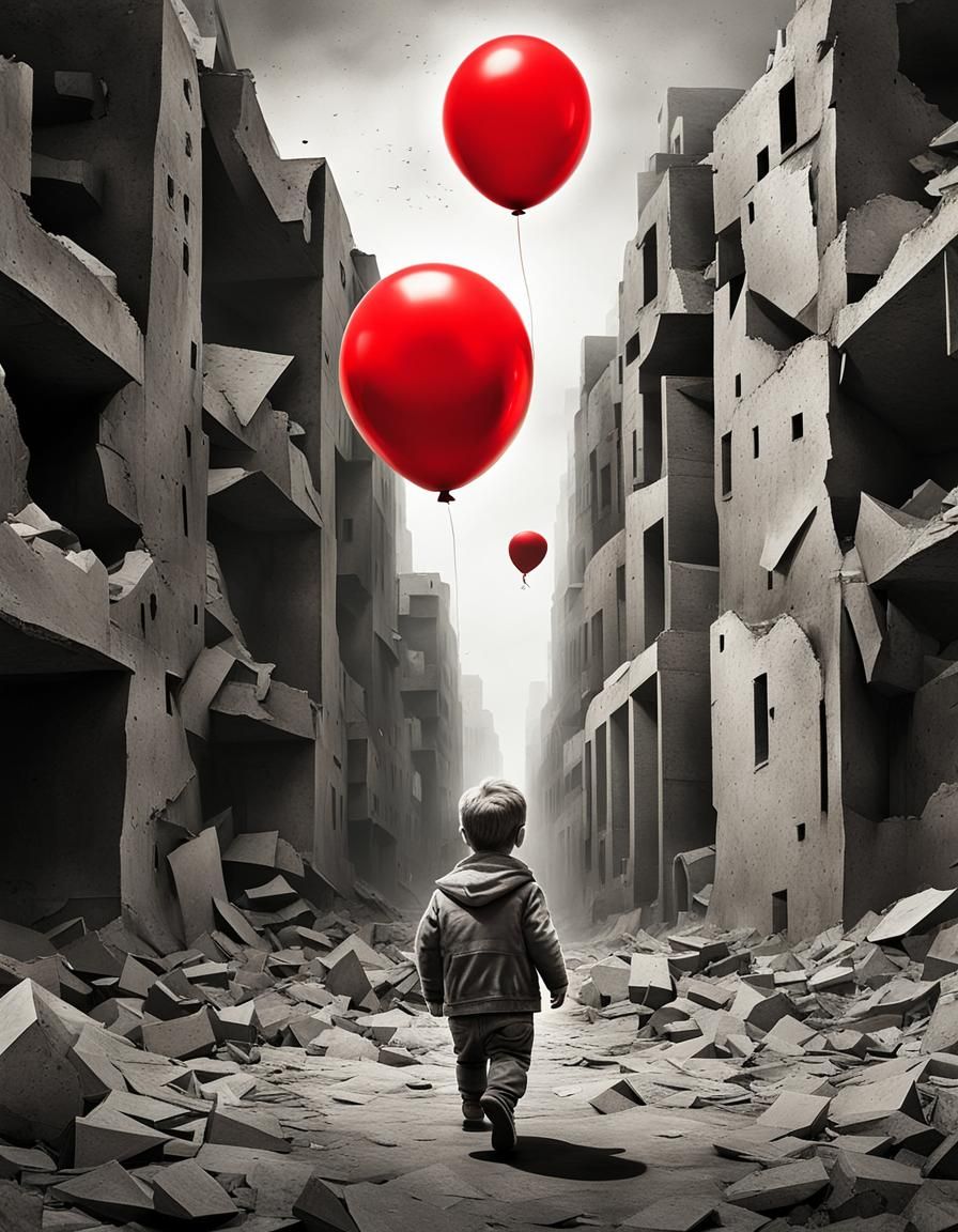 Desaturated Toddler in War-Torn City, Cubist 3D Art