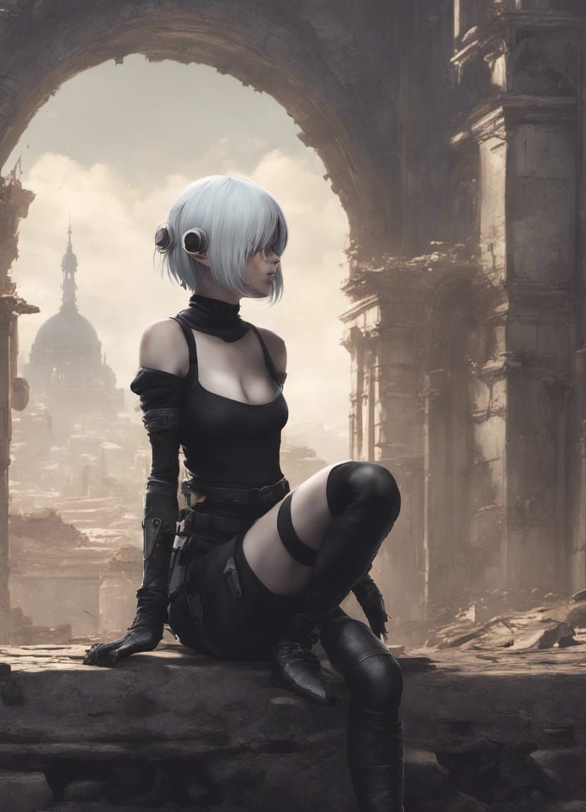 Android 2B Contemplates Post-Apocalyptic Ruins: Digital Art