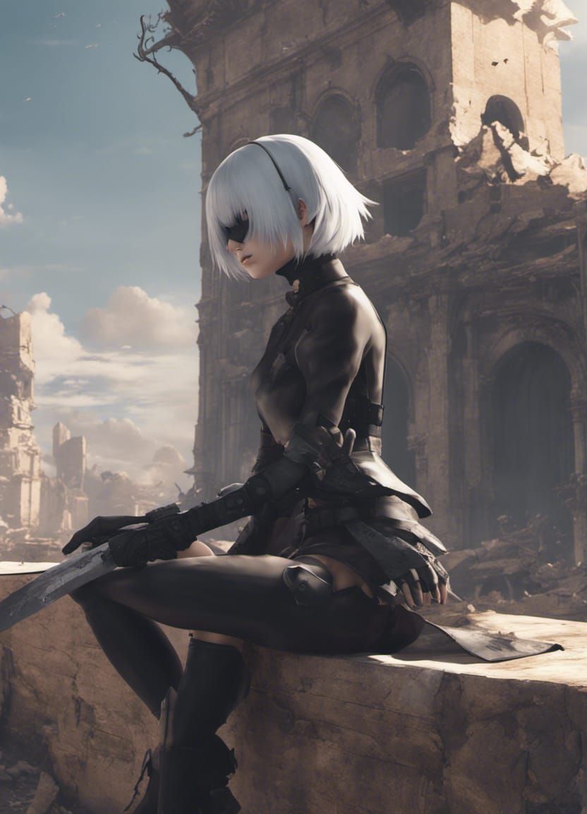 2B in Post-Apocalyptic Ruins: Digital Artwork