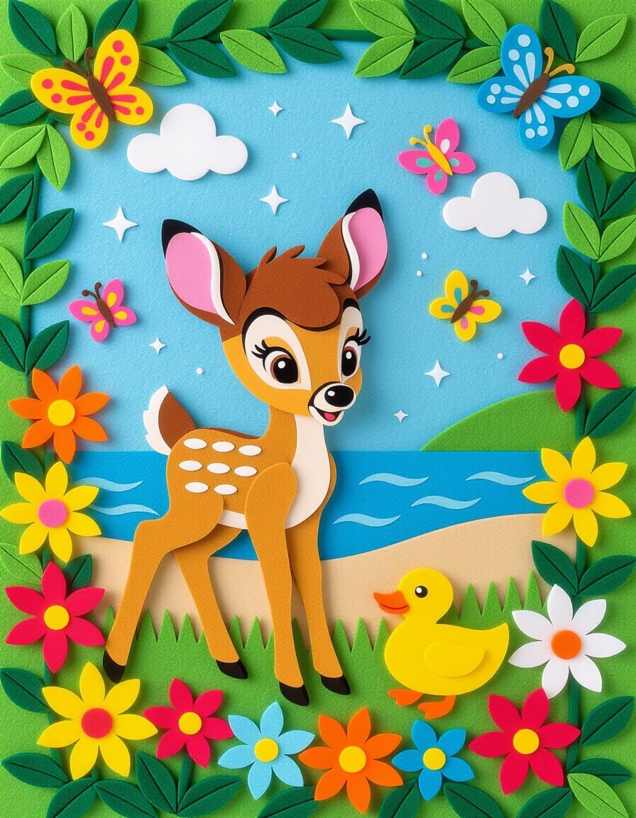 Felt Art Bambi on Decorated Beach with Butterflies