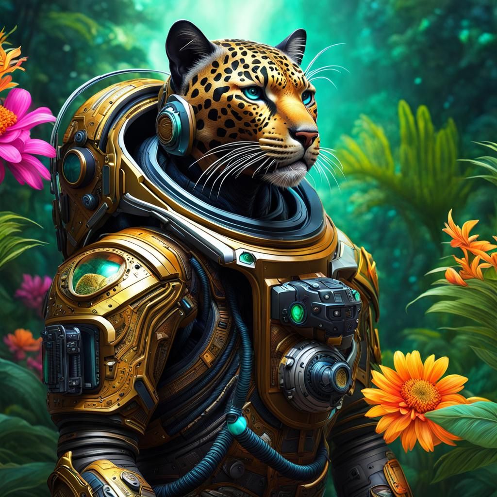 Solarpunk Panther Astronaut in Sideral Space Jungle