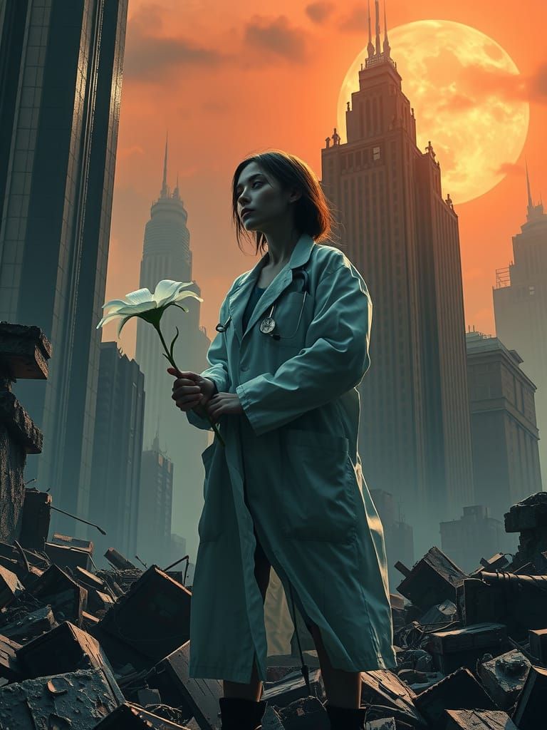 Doctor in Ruins Holds Glowing Alien Flower