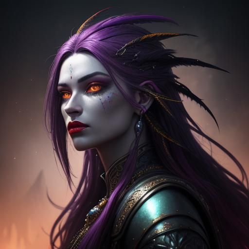 Yellow-Skinned Woman Portrait with Feathers, Digital Art