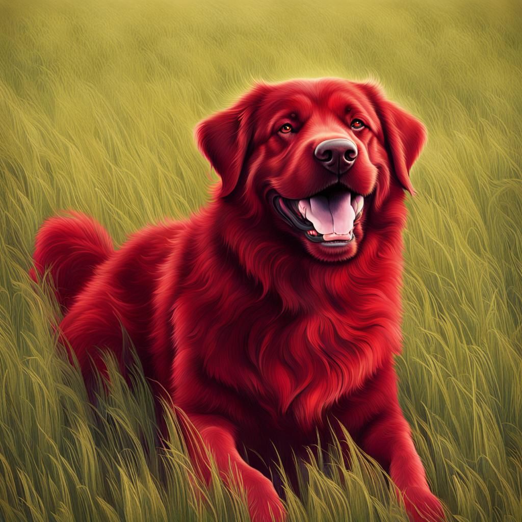 Enormous Crimson Dog Smiling in a Field