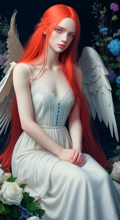 Ethereal Fallen Angel with Torn White Dress