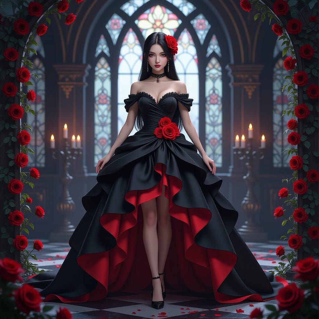 A young  woman standing on a stage decorated with red roses ...