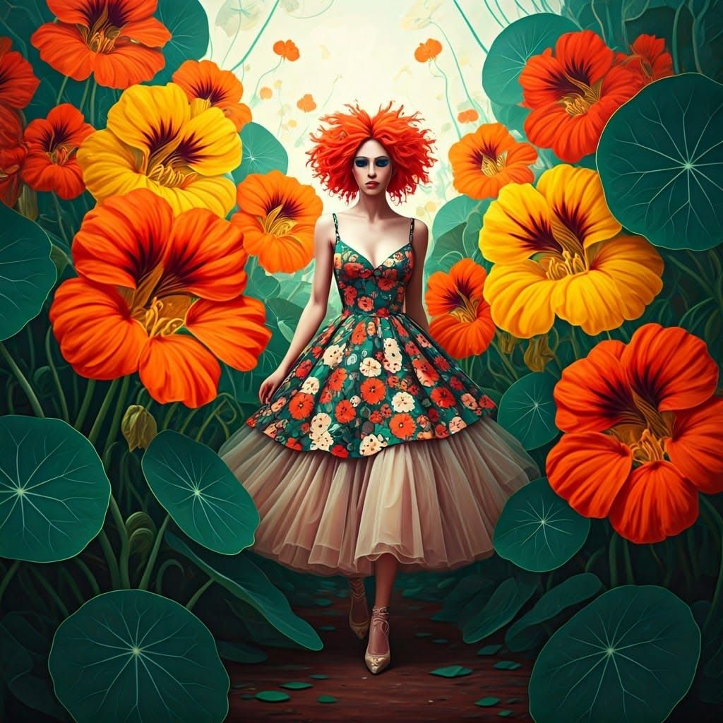 Woman Stomping Through a Whimsical Garden as Fantasy Art