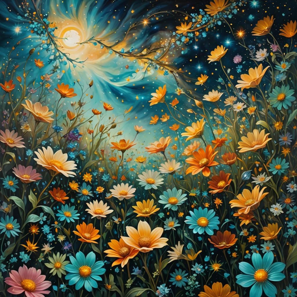 Moonlit Flowers in Starry Dreamscape: Ethereal Oil Painting