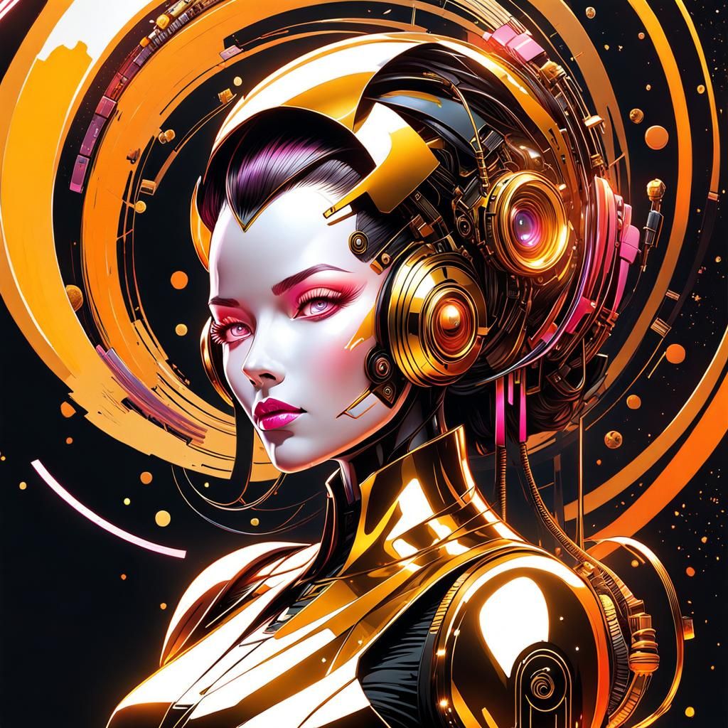Cyberpunk Robot with Gold Details in Acrylic Style