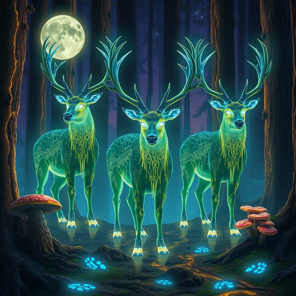 Bioluminescent Stags in Alien Redwood Forest