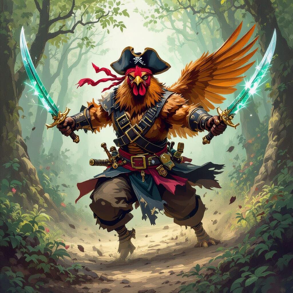 Chicken Pirate Charging into Battle in a Mystical Forest