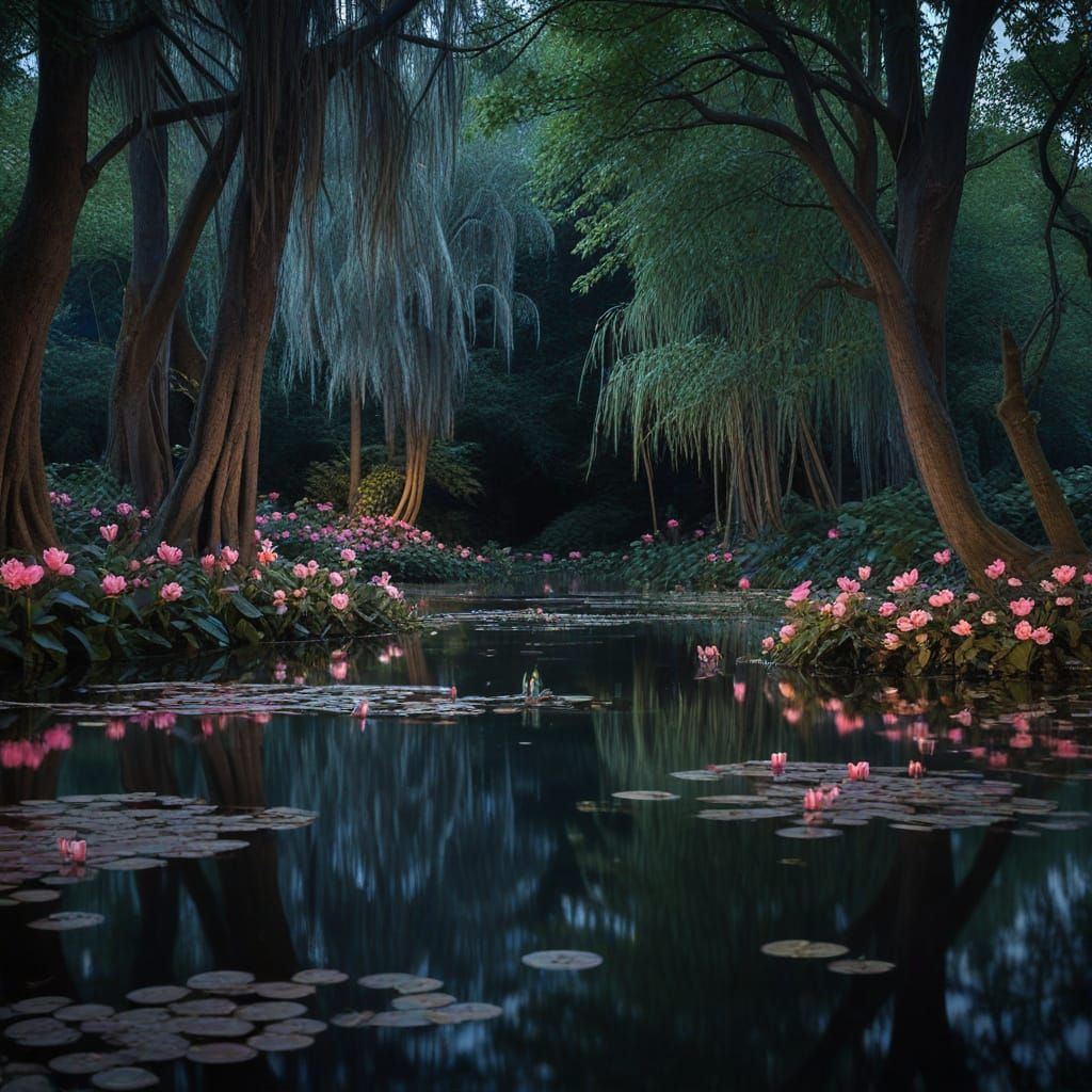Tranquil Night Pond with Pink Lilies and Willows
