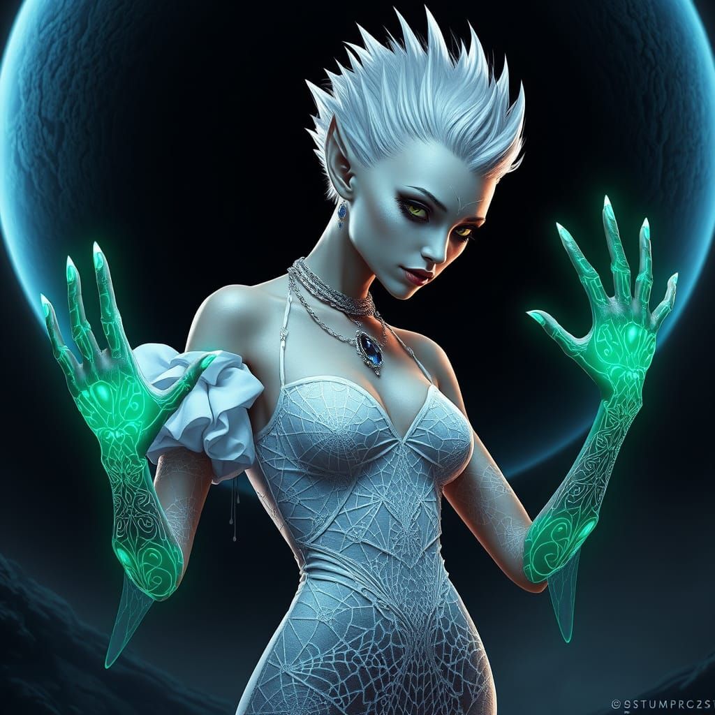 Seductive Alien Goddess in Intricate White Attire