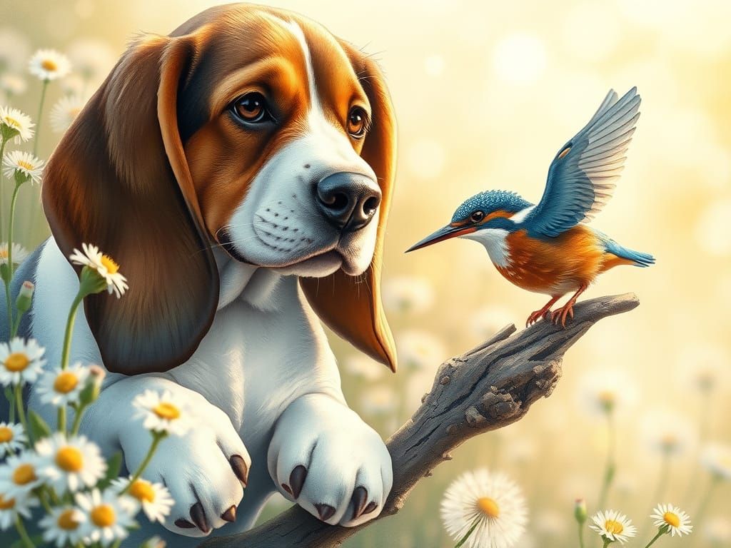 Basset Hound and Kingfisher in Fairytale Style