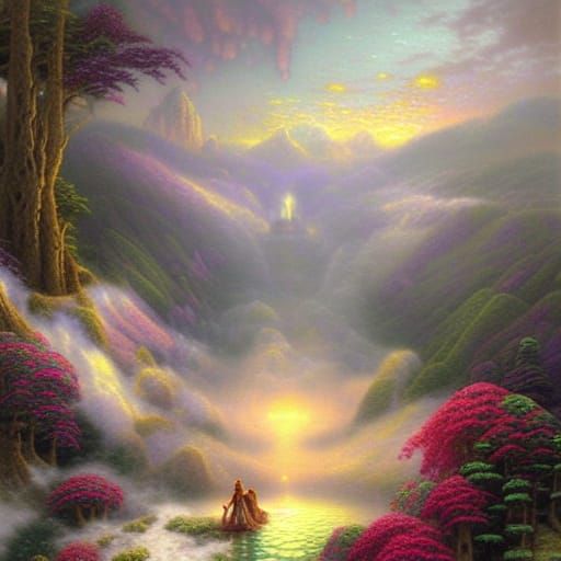 Cyclops Rescues Damsel in Ethereal Fantasy Landscape